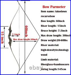 60 Recurve Bow 20-60lbs Takedown Wooden Riser Archery Bamboo Limb American Hunt